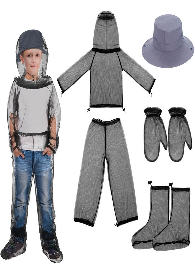 Threehoney Kids Mosquito Outdoor Suit Breathable Net Fishing Hat Netting Protection Cap Hood Ultra-fine Mesh Jacket and Pants Mitt Socks for Girls Boys Gardening Camping Hiking - Image 1